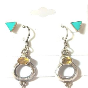 Vintage Sterling Silver & Citrate Yellow Gemstone Drop Earrings plus Bonus Studs